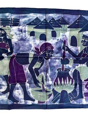 Handmade Batik Village Scene Scarf Or Wall Decor in Navy, Purple & Sage